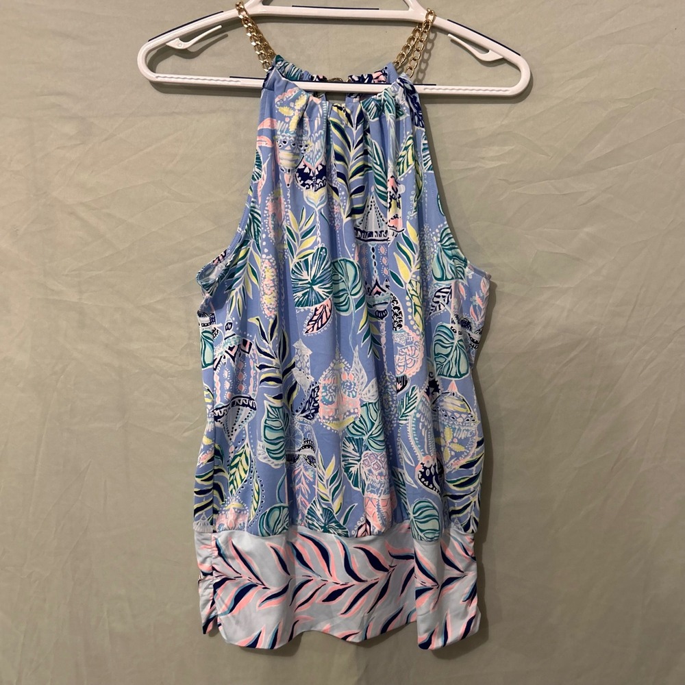 Lilly Pulitzer Womens Blue Tropical Gold Chain Halter Top Ruched Hem Size L